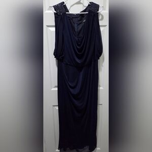 Onyx Nite Navy Beaded Shoulder Draped Maxi Dress